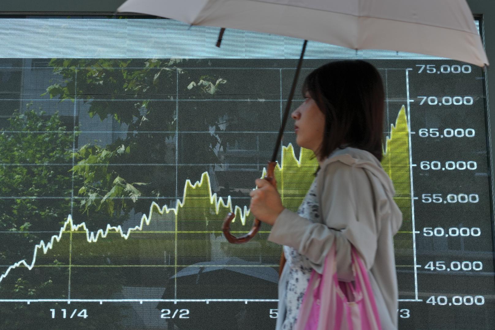 A person walks in front of an electronic stock board showing Japan's Nikkei index at a securities firm Thursday, Aug. 20, 2026, in Tokyo. (AP Photo/Eugene Hoshiko)