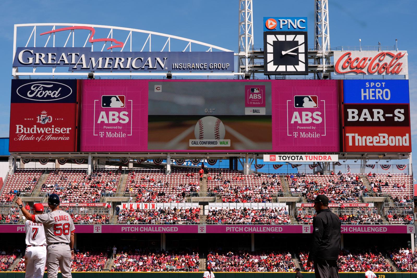 Automated Ball-Strike Challenge System (ABS) confirms a call after Cincinnati Reds catcher Tyler Stephenson challenged (pitch result), call on the field, Boston Red Sox's Jarren Duran walks during the sixth inning of a baseball game in Cincinnati, Sunday, March 29, 2026. (AP Photo/Carolyn Kaster)