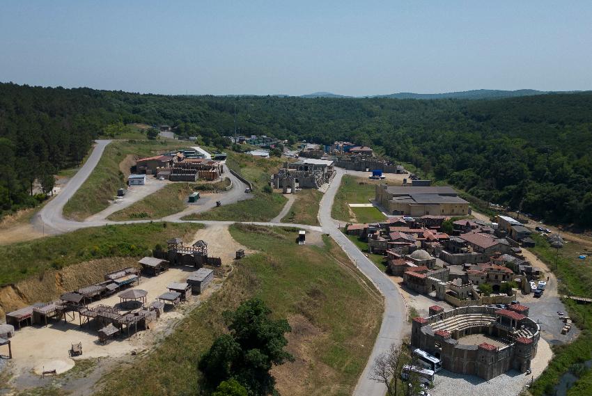 An airel view shows part of Bozdag's outdoor film studio, which features replicas of historic Ottoman and Byzantine castles and old Turkic tents in Istanbul, Turkey, Wednesday, June 12, 2024. (AP Photo/Khalil Hamra)