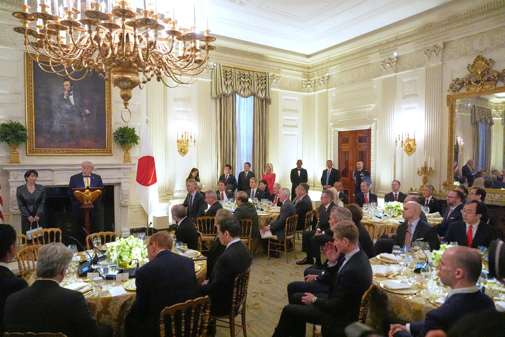 President Donald Trump attends a dinner with Japan's Prime Minister Sanae Takaichi in the State Dining Room of the White House, Thursday, March 19, 2026, in Washington. (AP Photo/Julia Demaree Nikhinson)