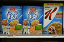Red & White Crisp Rice cereal is sold for $7.25 per 18-ounce box at a market serving the Central American immigrant community in the Westlake/Pico Union area of Los Angeles, Tuesday, April 7, 2026. (AP Photo/Damian Dovarganes)