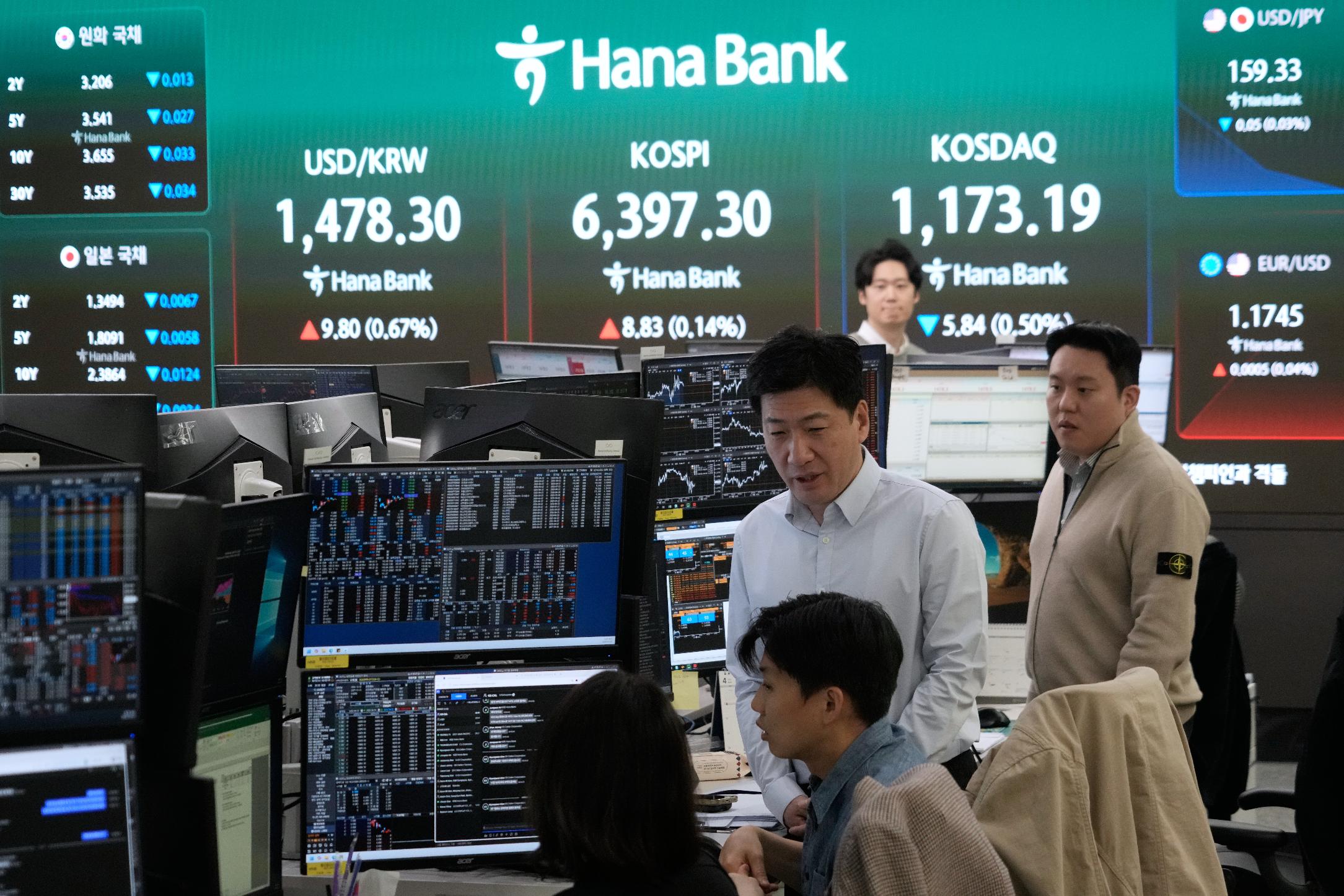 Currency traders work near a screen showing the Korea Composite Stock Price Index (KOSPI), top center, and the foreign exchange rate between U.S. dollar and South Korean won, top center left, at the foreign exchange dealing room of the Hana Bank headquarters in Seoul, South Korea, Wednesday, April 22, 2026. (AP Photo/Ahn Young-joon)