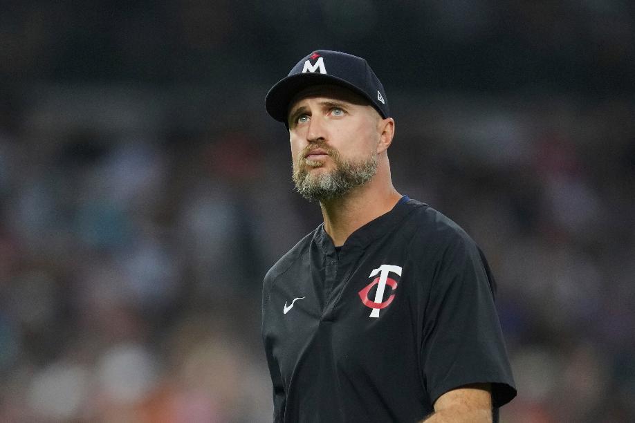 Minnesota Twins manager Rocco Baldelli watches against the Detroit Tigers in the seventh inning during a baseball game Tuesday, Aug. 5, 2025, in Detroit. (AP Photo/Paul Sancya)