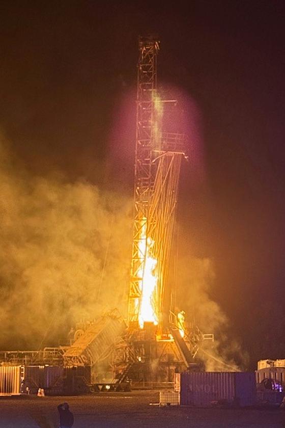 This photo provided by the Nacogdoches County Sheriff's Office shows a fire burning at a H&P drilling company well Monday, April 20, 2026, about 20 miles away from Nacogdoches, Texas. (Nacogdoches County Sheriff's Office via AP)