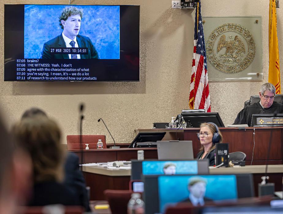 FILE - A recording of Meta Founder and CEO Mark Zuckerberg's deposition is played for the jurors on March 4, 2026, in Santa Fe, N.M. (Jim Weber/Santa Fe New Mexican via AP, Pool, File)