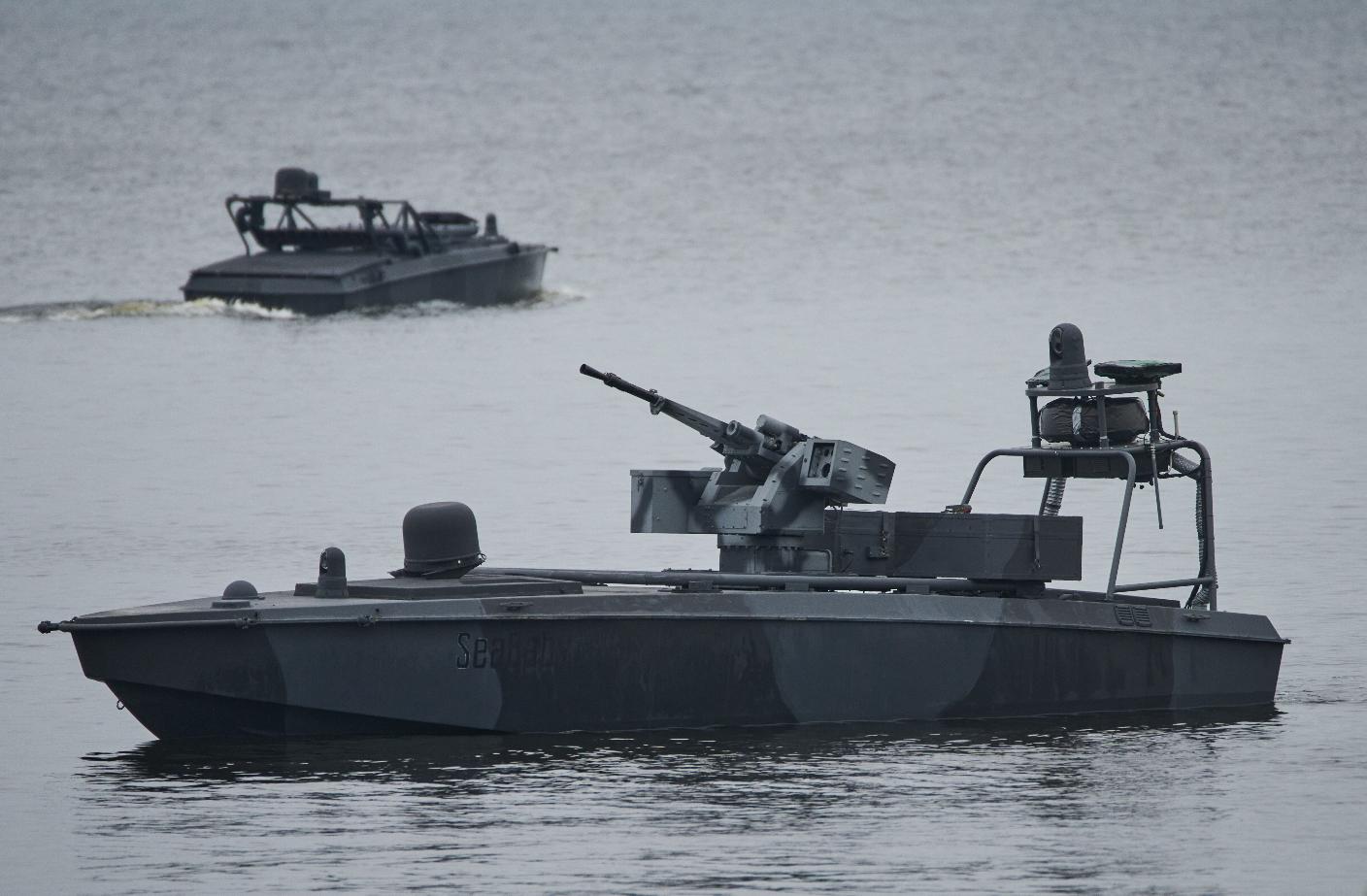 FILE - Sea Baby drones ride on the water during a demonstration by Ukraine's Security Service in an undisclosed location in Ukraine Friday, Oct. 17, 2025. (AP Photo/Efrem Lukatsky, File)