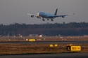 A Lufthansa plane from Muscat, Oman, the first evacuation flight on behalf of the German government, lands at Frankfurt Airport in Frankfurt/Main, Germany Thursday, March 5, 2026. (Hannes P. Albert/dpa via AP)