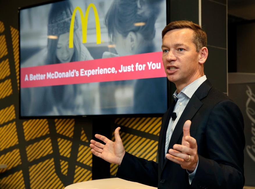 FILE - Chris Kempczinski, then-incoming president of McDonald's USA, speaks during a presentation at a McDonald's restaurant in New York on Nov. 17, 2016. Kempczinski will become chairman of the company's board later this spring, the company said Tuesday. (AP Photo/Richard Drew, File)