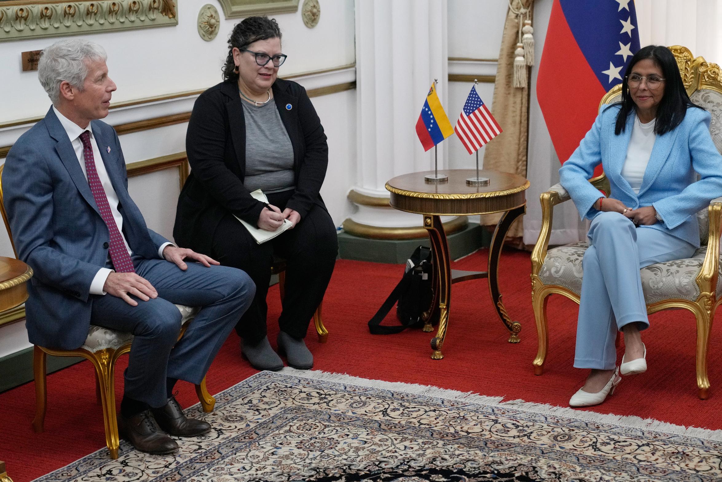 Venezuelan acting President Delcy Rodriguez, right, meets with U.S. Energy Secretary Chris Wright, left, at Miraflores presidential palace in Caracas, Venezuela, Wednesday, Feb. 11, 2026. (AP Photo/Ariana Cubillos)
