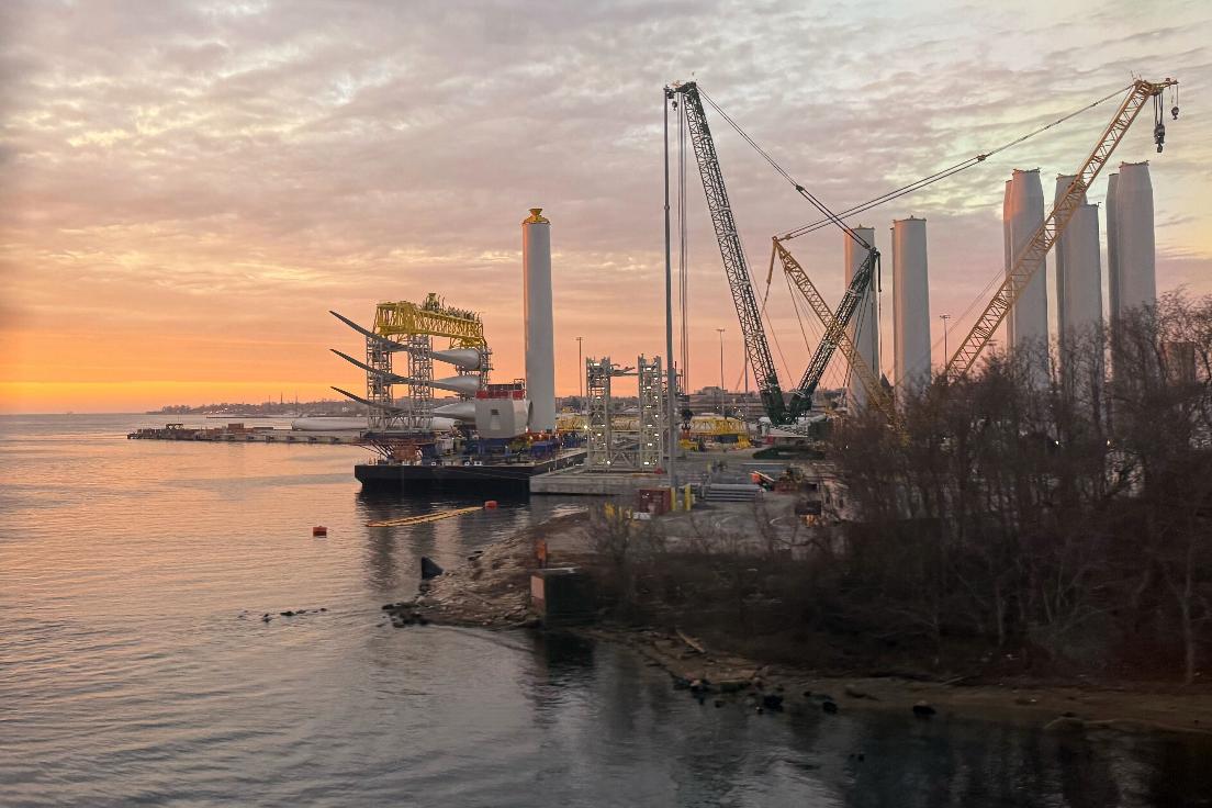 Blades and turbine bases for offshore wind sit at a staging area at New London State Pier, Wednesday, Jan. 14, 2026, in New London, Conn. (AP Photo/Matt O'Brien)