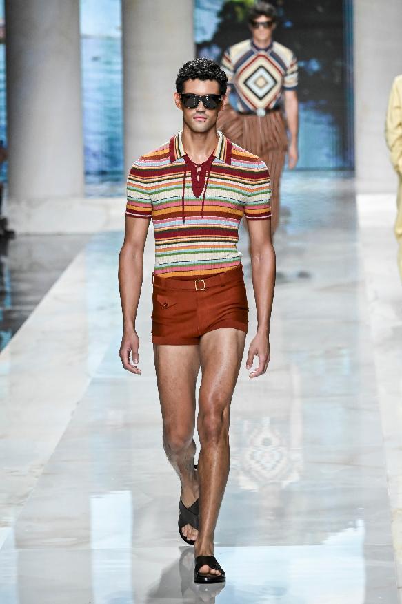 A model wears a creation from the Dolce & Gabbana Spring/Summer 2027 Men's collection presented in Milan, Italy, Saturday, June 20, 2026. (AP Photo/Nicola Marfisi)