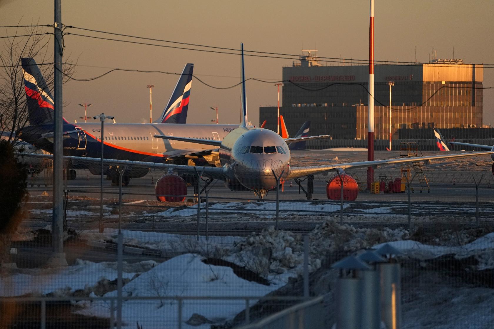 FILE - Aeroflot's passengers planes are parked at Sheremetyevo airport, outside Moscow, Russia, Tuesday, March 1, 2022. (AP Photo, File)