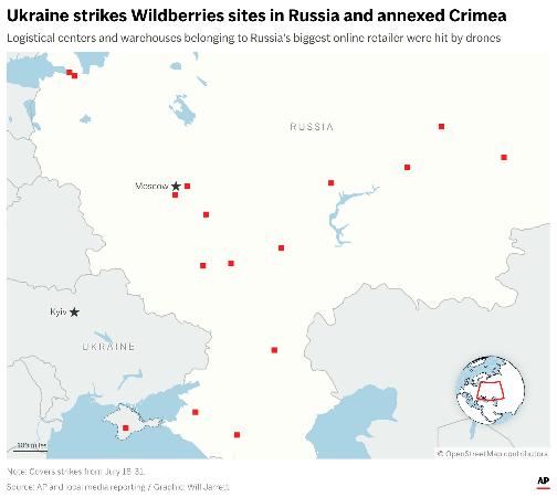 A map showing where Wildberries sites were struck in Russia from July 18-31, 2026. (AP Digital Embed)