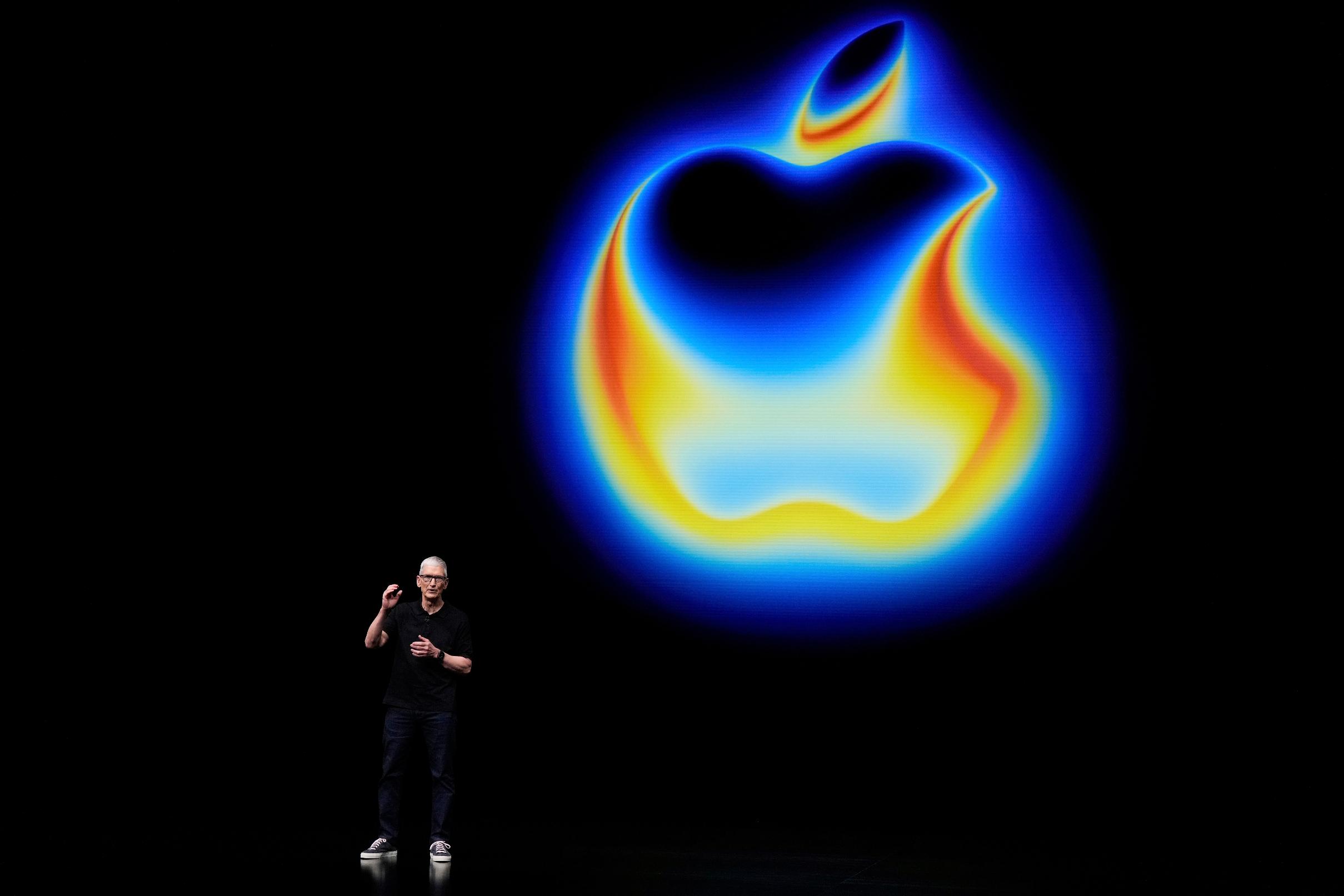 FILE - Apple CEO Tim Cook speaks on stage during an announcement of new products at Apple Park on Tuesday, Sept. 9, 2025, in Cupertino, Calif. (AP Photo/Godofredo A. Vásquez, File)