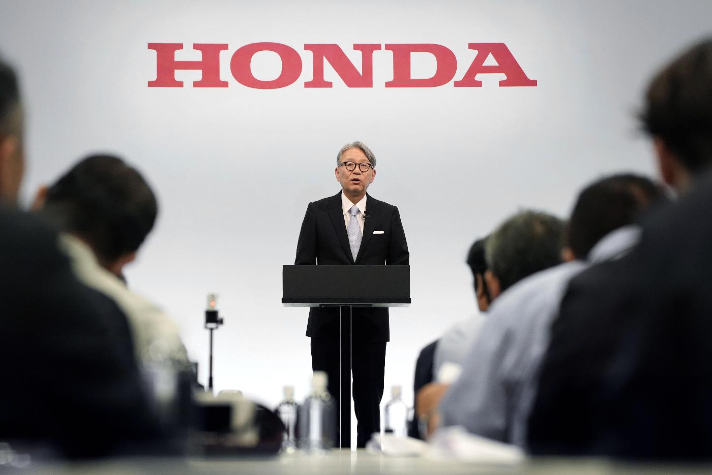 Honda's Chief Executive Toshihiro Mibe speaks at a press conference in Tokyo Thursday, May 14, 2026. (Yuta Omori/Kyodo News via AP)