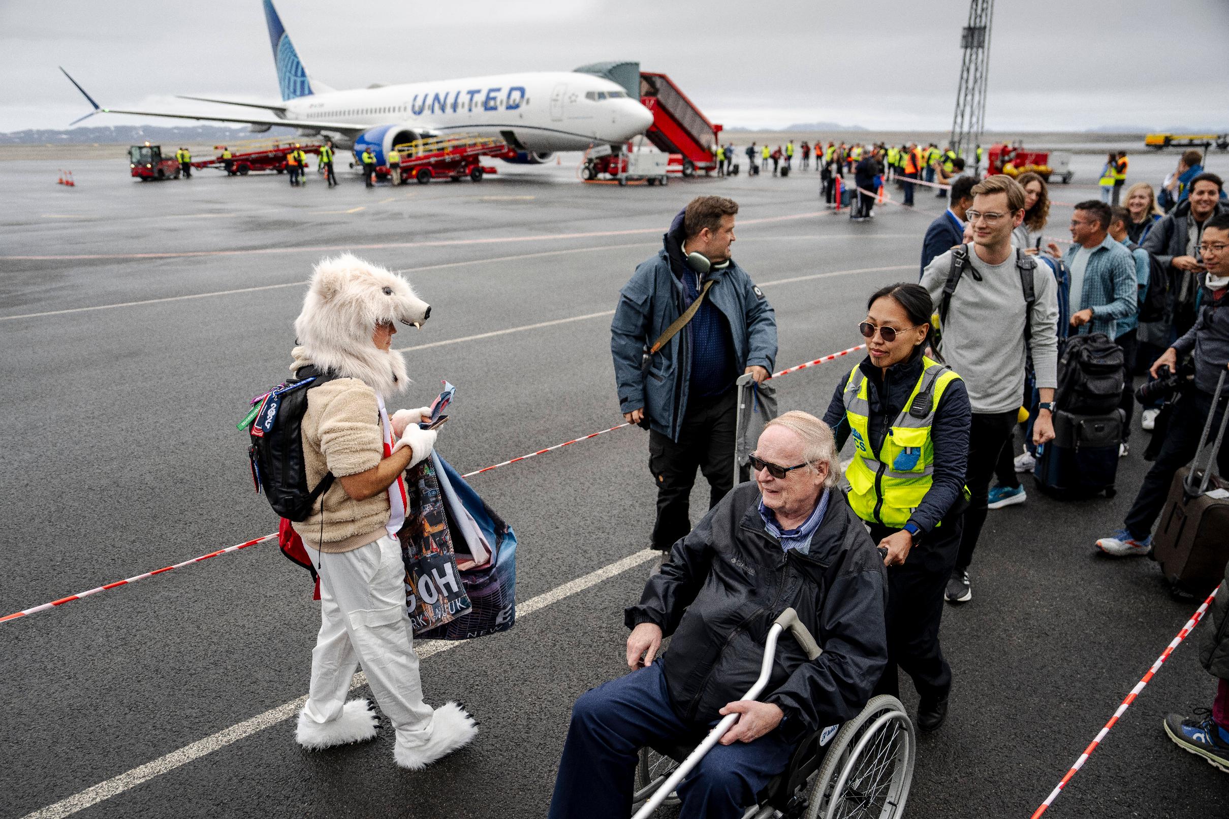 The first direct scheduled flight from Newark in the USA to Nuuk lands at the airport in Nuuk, Greenland, on Saturday, June 14, 2025. (Mads Claus Rasmussen/Ritzau Scanpix via AP)