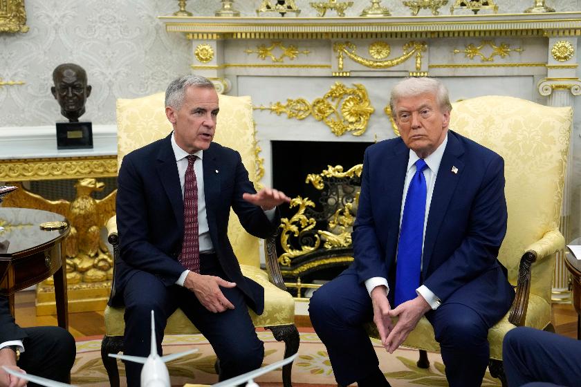 FILE - Canada Prime Minister Mark Carney and President Donald Trump hold a press conference at the White House in Washington, D.C., Oct. 7, 2025. (Adrian Wyld/The Canadian Press via AP, File)
