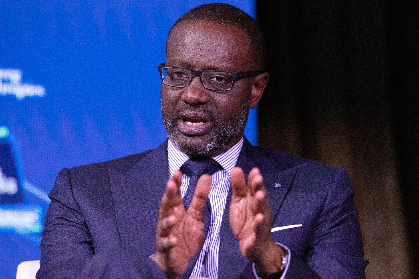 FILE - Tidjane Thiam, CEO of Credit Suisse, speaks at the Bloomberg Global Business Forum, Sept. 25, 2019, in New York. (AP Photo/Mark Lennihan, File)
