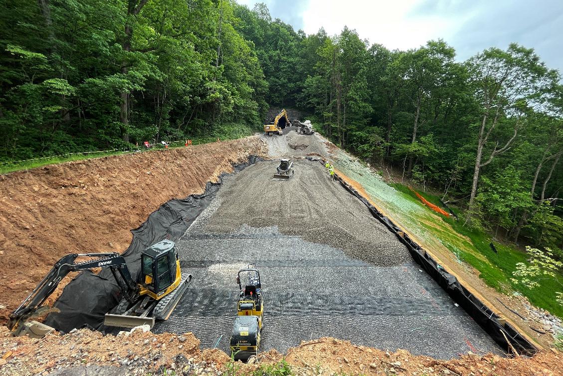 Part of the Blue Ridge Parkway, damaged in Hurricane Helene, is under construction near Ferrin Knob Tunnel in Candler, N.C., June 2025. (National Parks Service via AP)