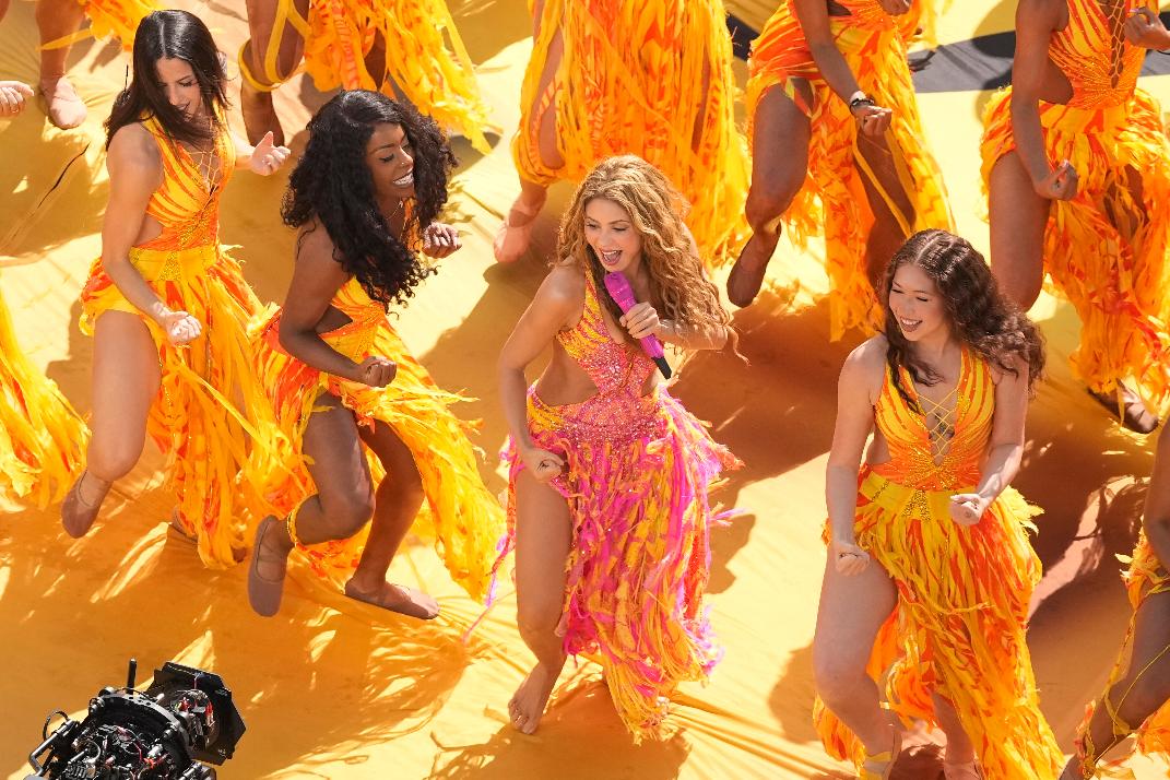 Shakira performs during halftime during the World Cup final soccer match between Spain and Argentina in East Rutherford, N.J., near New York, Sunday, July 19, 2026. (AP Photo/Matt Slocum)