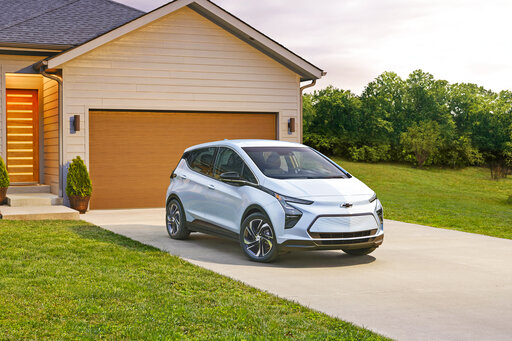 This photo provided by General Motors shows the 2022 Chevrolet Bolt EV, a small electric hatchback with an EPA-estimated range of 259 miles. (Jeff Ludes/Courtesy of General Motors via AP)