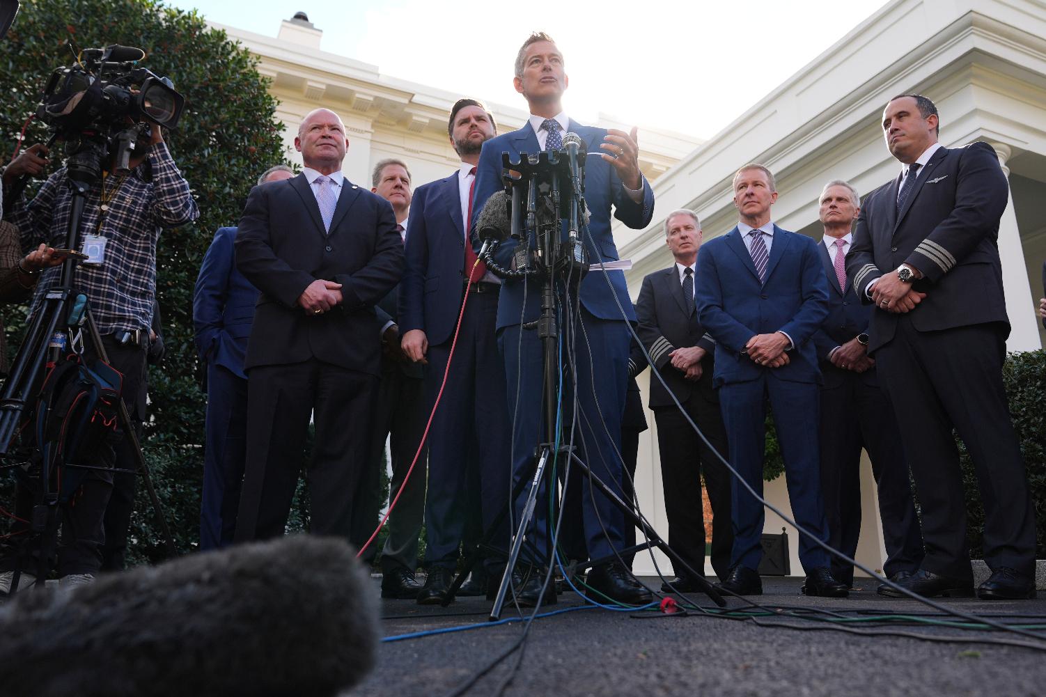 FILE - Transportation Secretary Sean Duffy speaks to the media alongside President of the International Brotherhood of Teamsters Sean O'Brien, President and CEO of Airlines for America Chris Sununu, Vice President JD Vance and aviation industry representatives about the impact of the government shutdown on the aviation industry outside of the West Wing of the White House, Oct. 30, 2025, in Washington. (AP Photo/Jacquelyn Martin, File)