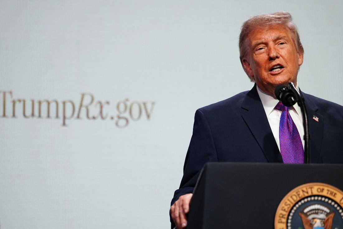President Donald Trump speaks about prescription drug prices in the South Court Auditorium in the Eisenhower Executive Office Building on the White House campus, Monday, May 18, 2026, in Washington. (AP Photo/Julia Demaree Nikhinson)