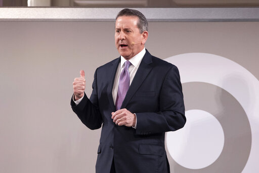 FILE - Brian Cornell, Chairman of the Board and CEO of Target, speaks at a financial community meeting, Tuesday, March 5, 2019, in New York.   Cornell will stay in his position leading the retailer for about the next three years. The company also announced Wednesday, Sept. 7, 2022 that Arthur Valdez, executive vice president and chief supply chain and logistics officer, will retire.   (AP Photo/Mark Lennihan)