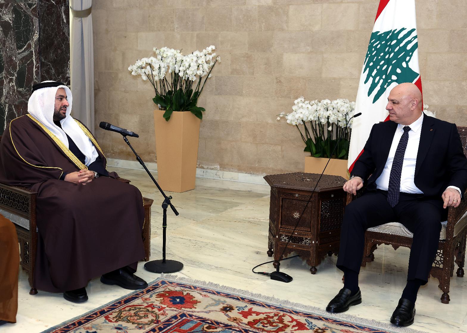 In this photo released by the Lebanese Presidency press office, Lebanese president Joseph Aoun, right, meets with Qatari Minister of State for Foreign Affairs Mohammed bin Abdulaziz Al-Khulaifi, at the presidential place in Baabda, east of Beirut, Lebanon, Monday, Jan. 26, 2026. (Lebanese Presidency press office via AP)