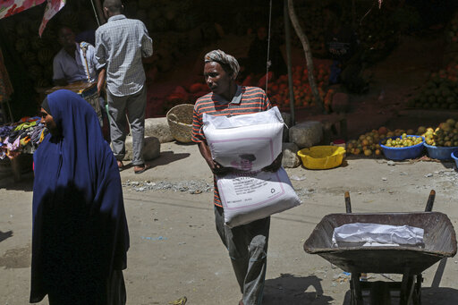 FILE - A man carries a sack of wheat flour imported from Turkey in the Hamar-Weyne market in the capital Mogadishu, Somalia Thursday, May 26, 2022.  Bill Gates urged world leaders not to give up on the goals they set to reduce hunger and poverty despite huge recent setbacks documented in a new report released Tuesday, Sept. 13 by The Bill and Melinda Gates Foundation. (AP Photo/Farah Abdi Warsameh, File)