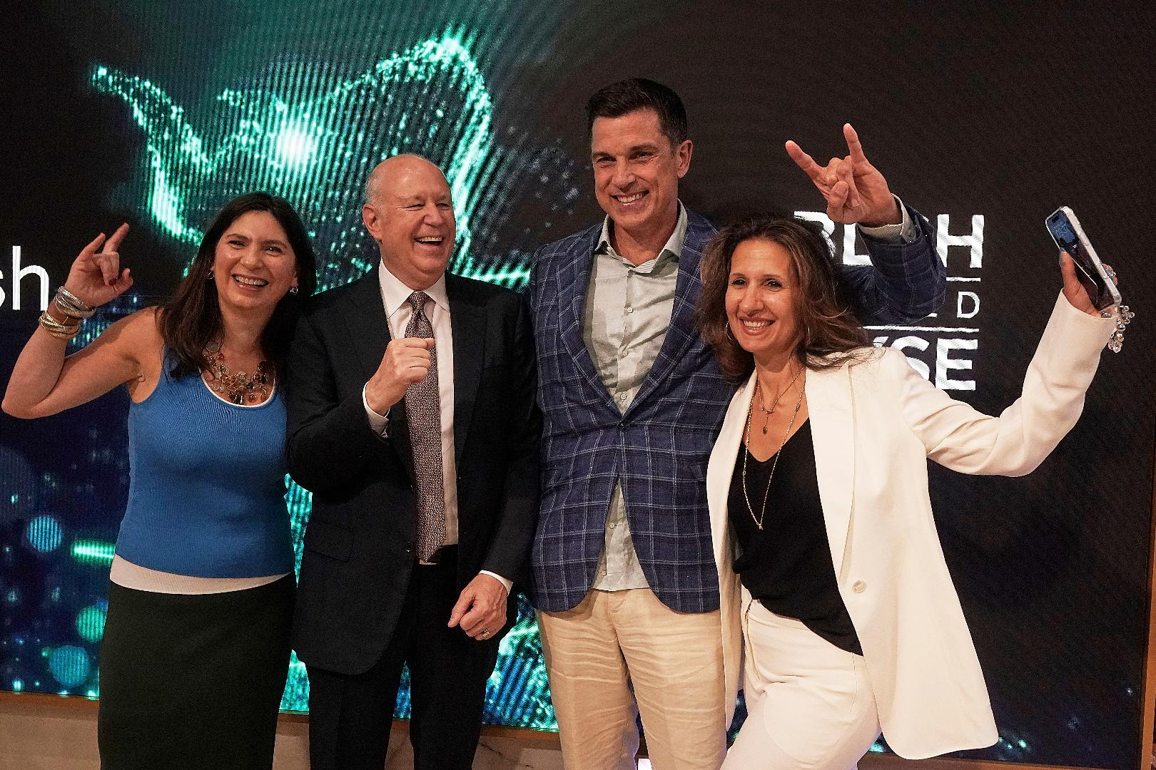 Former NYSE President Stacey Cunningham; Jeff Sprecher, founder, Chair and CEO of Intercontinental Exchange; former NYSE President and current Bullish CEO Tom Farley; and current NYSE President Lynn Martin, left to right, pose for a photo on the floor of the New York Stock Exchange, Wednesday, Aug. 13, 2025. (AP Photo/Richard Drew)