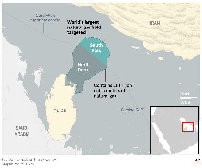The image above shows the South Pars natural gas field in the Persian Gulf and which portions are controlled by Iran and Qatar. (AP Digital Embed)