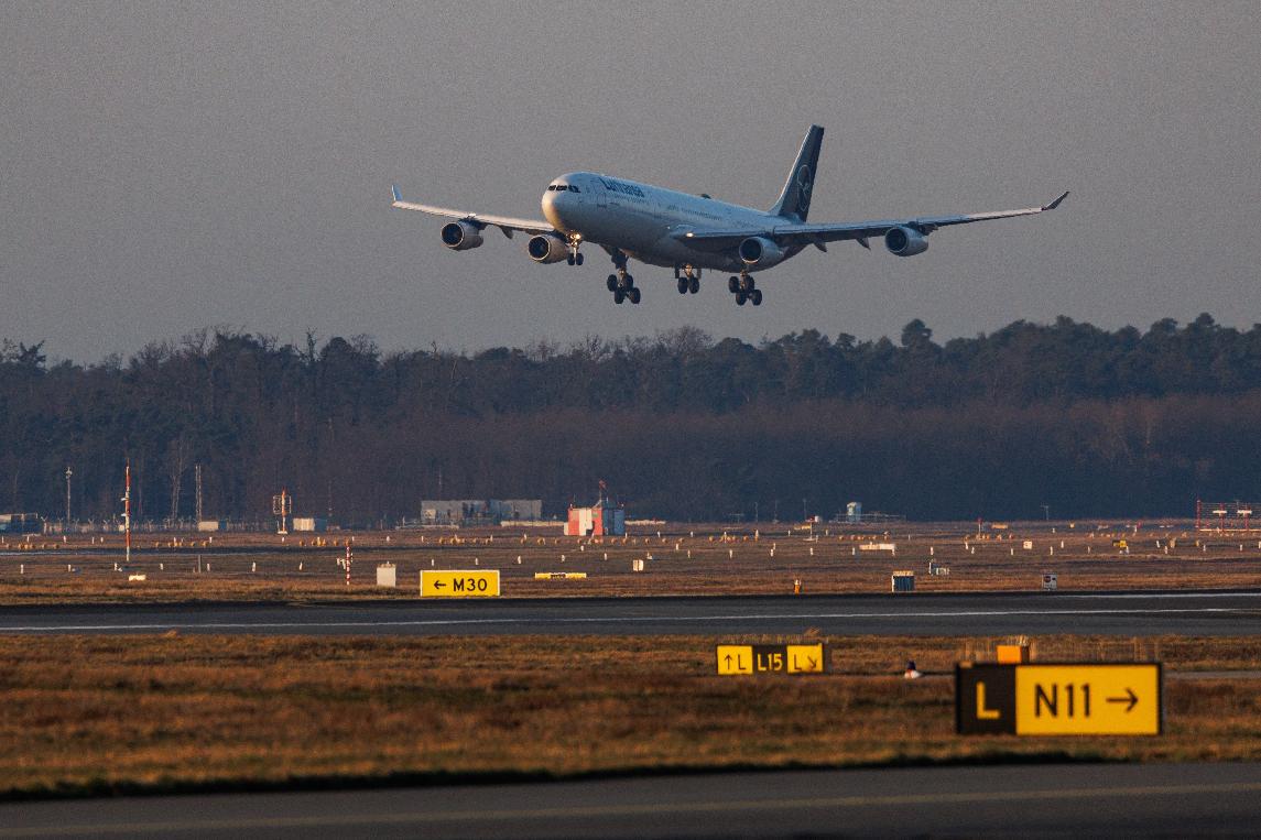 A Lufthansa plane from Muscat, Oman, the first evacuation flight on behalf of the German government, lands at Frankfurt Airport in Frankfurt/Main, Germany Thursday, March 5, 2026. (Hannes P. Albert/dpa via AP)