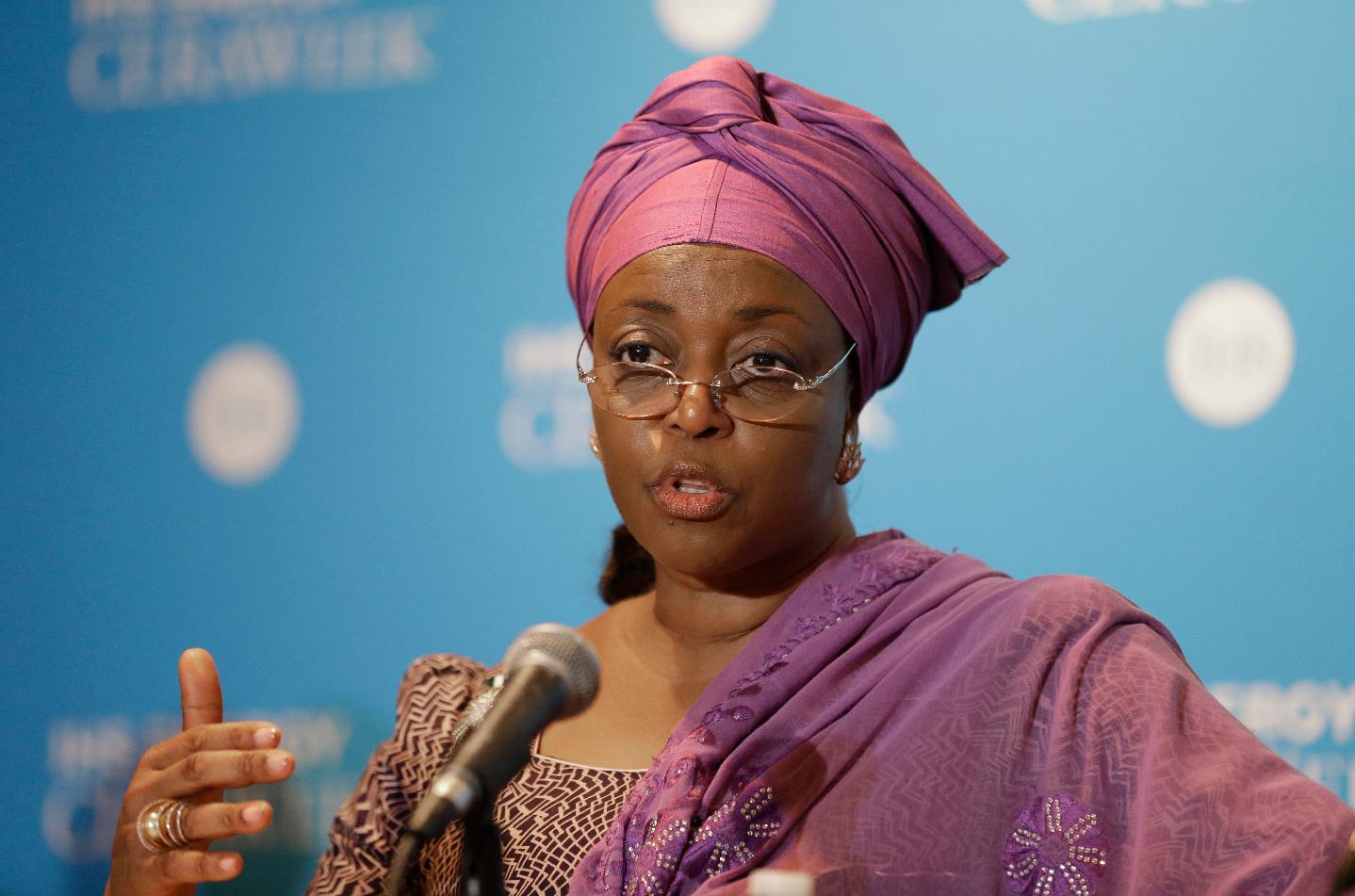 FILE - Former Petroleum Resources Minister Diezani Alison-Madueke answers a question following a speech at the IHS CERAWeek, in Houston, March 4, 2014. (AP Photo/Pat Sullivan, File)
