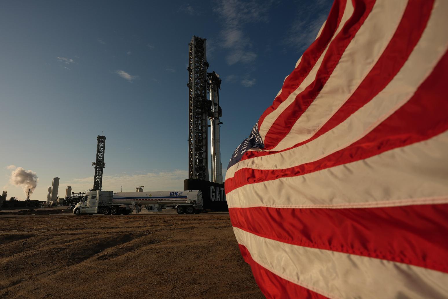 Trucks with nitrogen line up to help prepare SpaceX's mega rocket Starship for a test flight from Starbase, Texas, Friday, May 22, 2026. (AP Photo/Eric Gay)