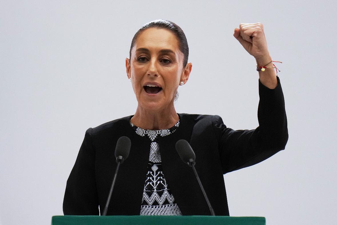 FILE - Mexican President Claudia Sheinbaum speaks at her first state-of-the-nation address at the National Palace in Mexico City, Sept. 1, 2025. (AP Photo/Eduardo Verdugo, File)