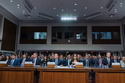 FILE - From left; Discord CEO Jason Citron, Snap CEO Evan Spiegel, TikTok CEO Shou Zi Chew, X CEO Linda Yaccarino and Meta CEO Mark Zuckerberg, testify before a Senate Judiciary Committee hearing on Capitol Hill in Washington, Jan. 31, 2024, to discuss child safety online. (AP Photo/Jose Luis Magana, File)