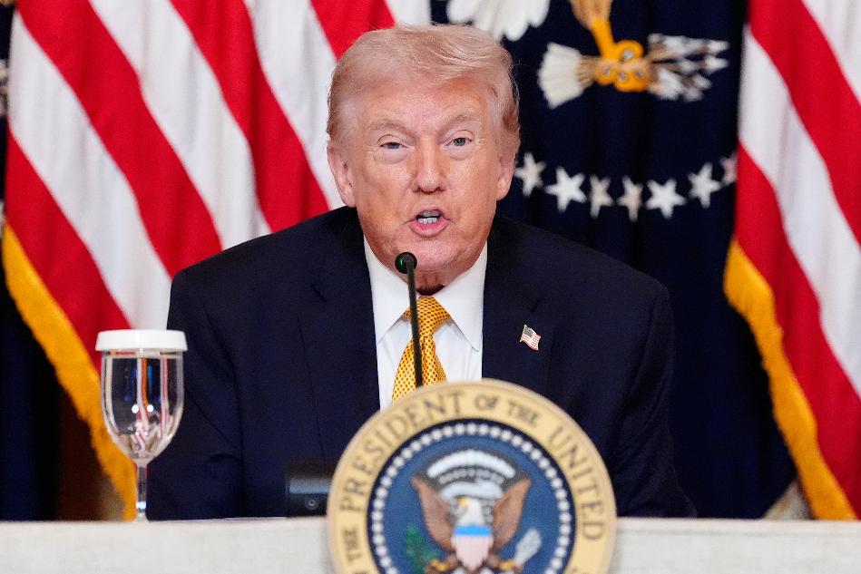 President Donald Trump speaks during a board meeting of the John F. Kennedy Memorial Center For The Performing Arts in the East Room of the White House, Monday, March 16, 2026, in Washington. (AP Photo/Alex Brandon)