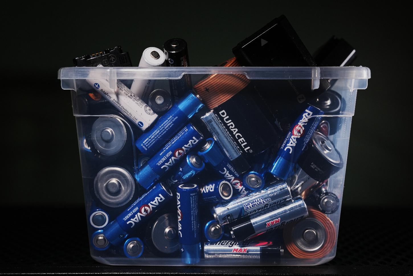 Batteries are displayed in a box Wednesday, Feb. 11, 2026, in Cincinnati. (AP Photo/Joshua A. Bickel)