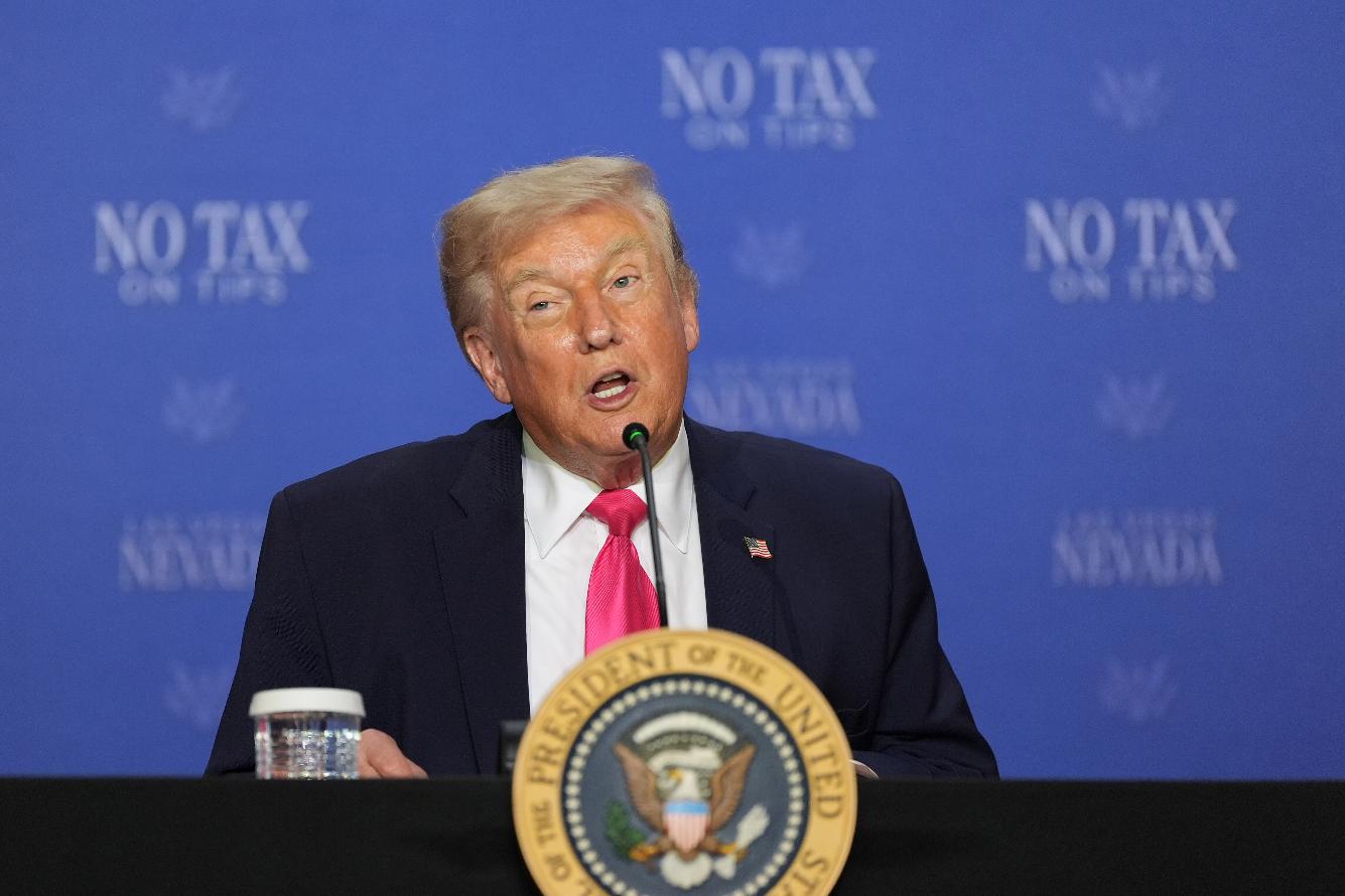 President Donald Trump speaks at a roundtable event about no tax on tips, Thursday, April 16, 2026, in Las Vegas. (AP Photo/Alex Brandon)