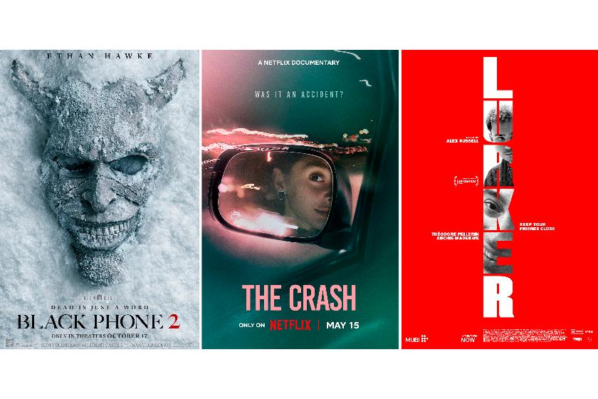 This combination of images shows promotional art for the films, from left, "Black Phone 2," "The Crash," and "Lurker." (Universal/Netflix/Mubi via AP)
