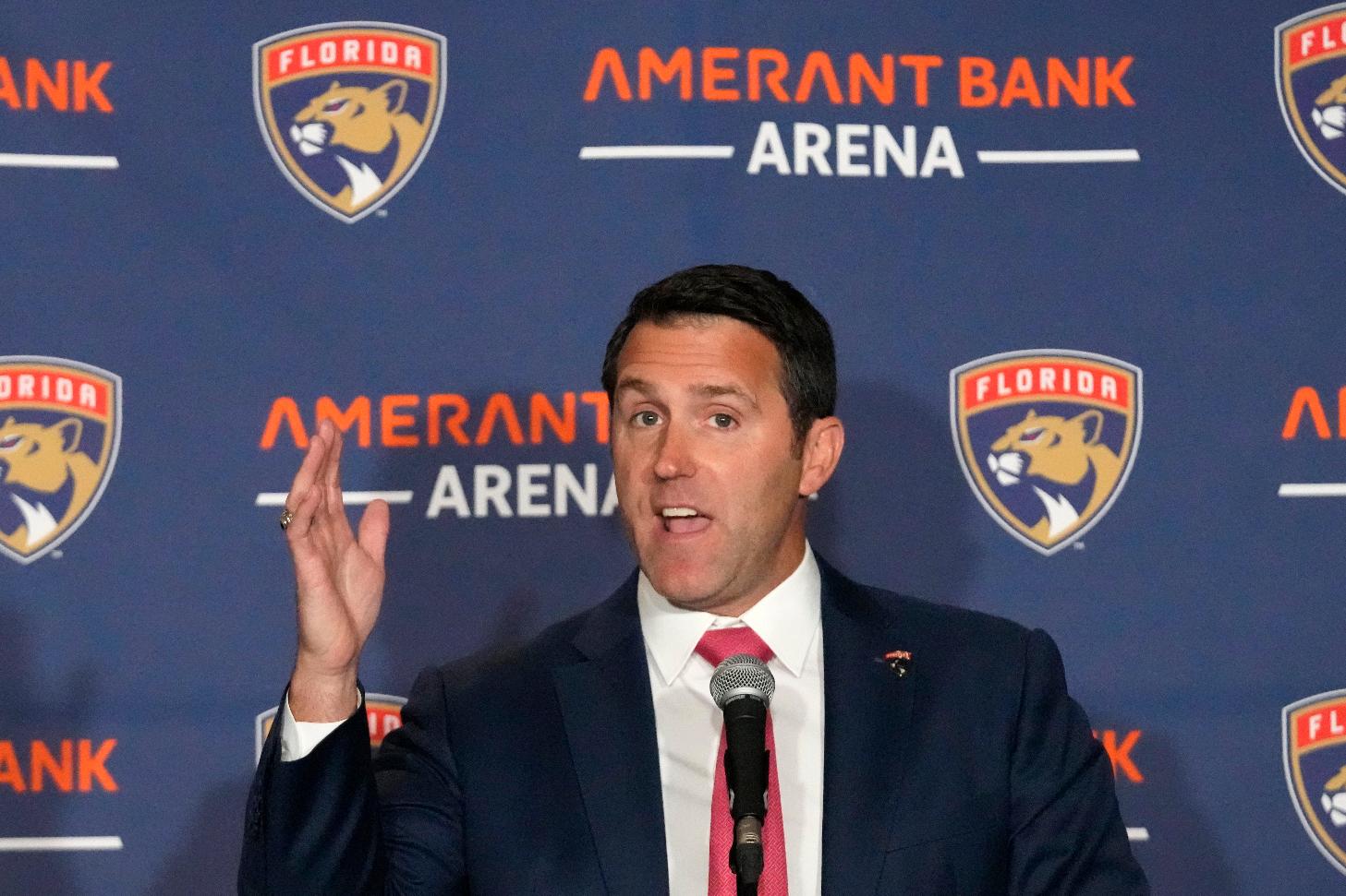 FILE - Florida Panthers President & CEO Matt Caldwell announces a new naming rights deal, Tuesday, Sept. 19, 2023, in Sunrise, Fla. (AP Photo/Wilfredo Lee, file)