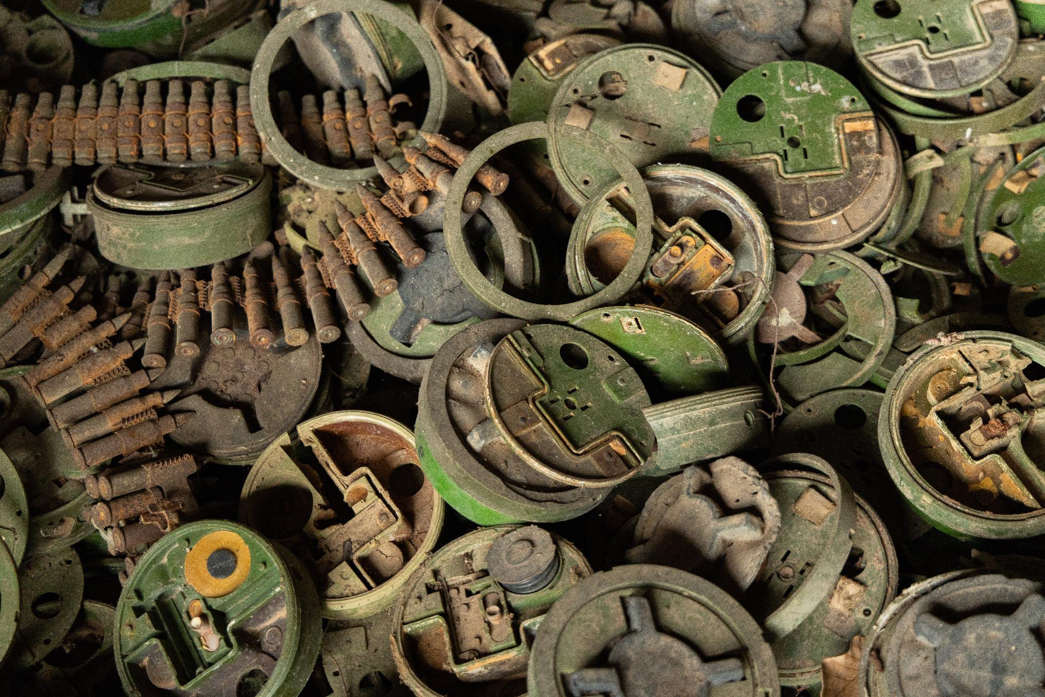 Piles of defused landmines and other remnants of war are seen in the Cambodia Landmine Museum in Siem Reap, Cambodia on Sunday, June 28, 2026. (AP Photo/Anton L. Delgado)