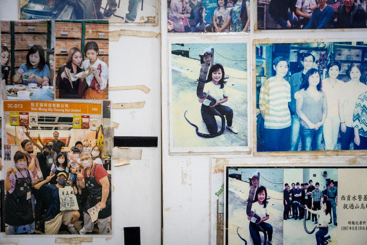 Old photos of the family-run snake soup restaurant owner Chau Ka-ling on display at their shop in Hong Kong, Monday, Jan. 6, 2025. (AP Photo/Chan Long Hei)