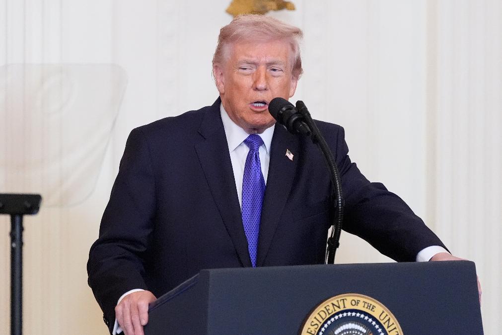 President Donald Trump speaks about Iran before a Medal of Honor ceremony in the East Room of the White House, Monday, March 2, 2026, in Washington. (AP Photo/Alex Brandon)