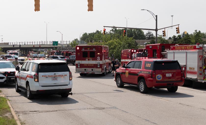 Emergency personnel respond to a hazardous material call on Phillips Avenue in Toledo, Ohio, on Wednesday, July 15, 2026. (Alex Bracken/The Blade via AP)