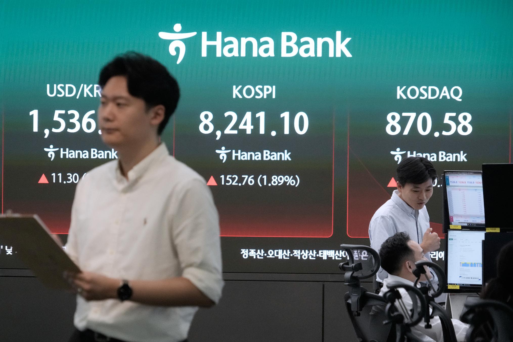 Currency traders work near a screen showing the Korea Composite Stock Price Index (KOSPI) and the foreign exchange rate between U.S. dollar and South Korean won at the foreign exchange dealing room of the Hana Bank headquarters in Seoul, South Korea, Monday, July 6, 2026. (AP Photo/Ahn Young-joon)