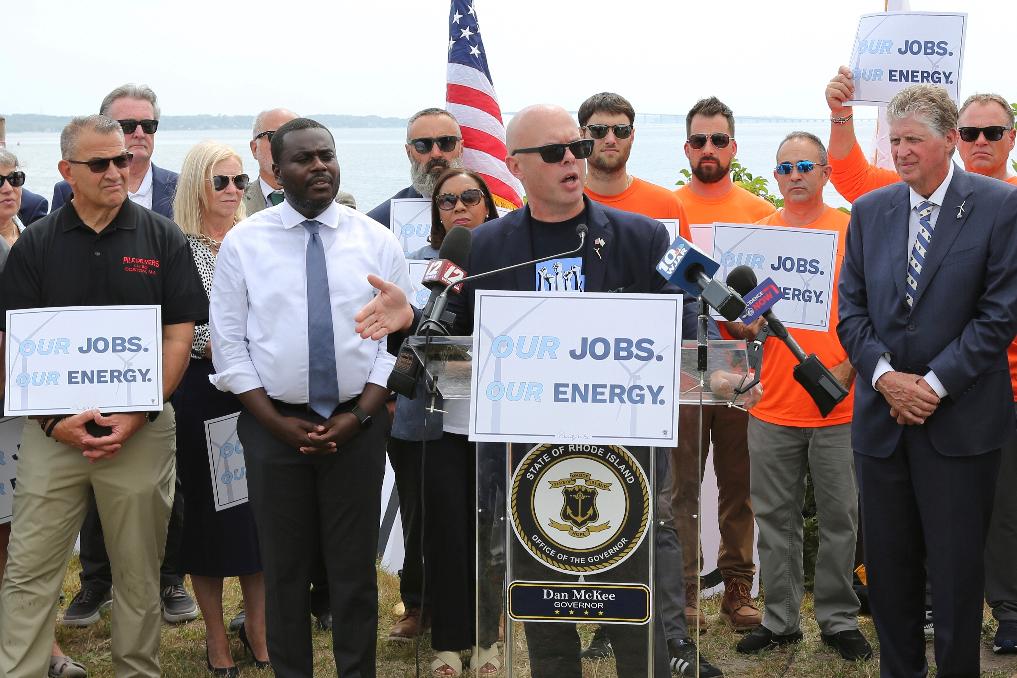 Patrick Crowley, president of the Rhode Island AFL-CIO, calls on the Trump administration to allow work to resume on the Revolution Wind offshore wind farm during a news conference in North Kingstown, R.I., Monday, Aug. 25, 2025. (AP Photo/Jennifer McDermott)