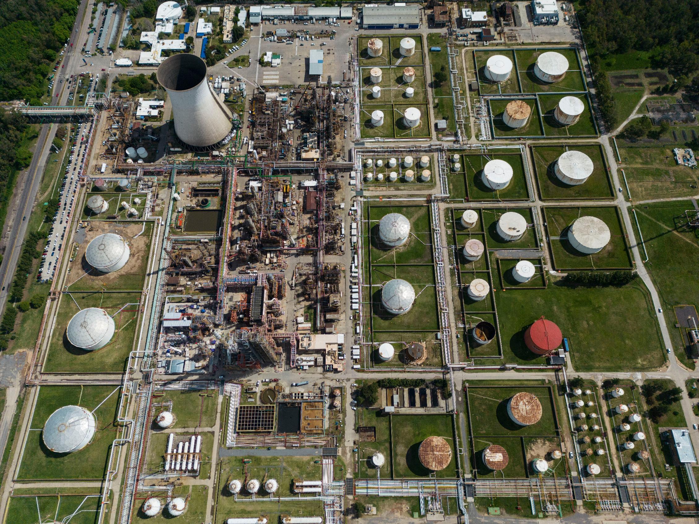 FILE - An aerial view shows the YPF-La Plata refinery in Berisso, Argentina, Oct. 30, 2023. (AP Photo/Rodrigo Abd, File)
