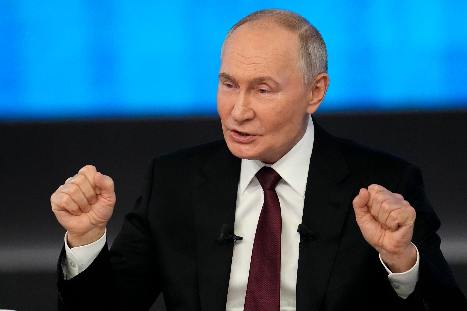 Russian President Vladimir Putin gestures while speaking during his annual news conference and call-in show at Gostinny Dvor in Moscow, Russia, Thursday, Dec. 19, 2024. (AP Photo/Alexander Zemlianichenko)